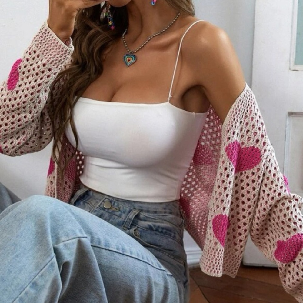 Delilah Wear Crochet Heart Cardigan - Cream & Hot Pink - Picture 5 of 7
